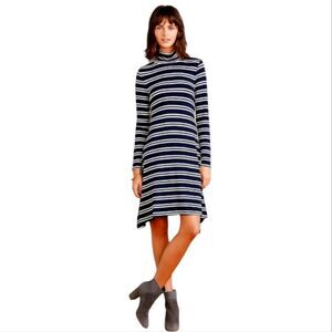 Anthropologie Maeve Navy Blue White Striped Turtleneck Swing Dress Long Sleeve L